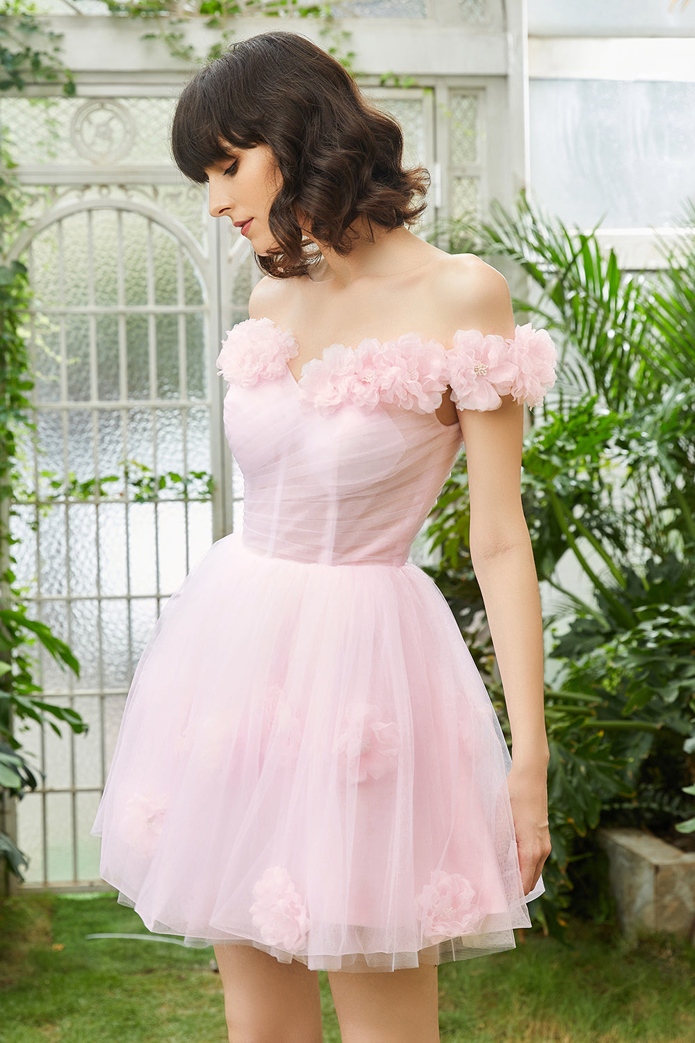 Rosa Fuera del Hombro Corsé Vestido de Cóctel