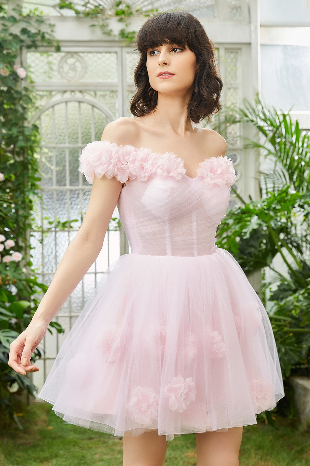 Rosa Fuera del Hombro Corsé Vestido de Cóctel
