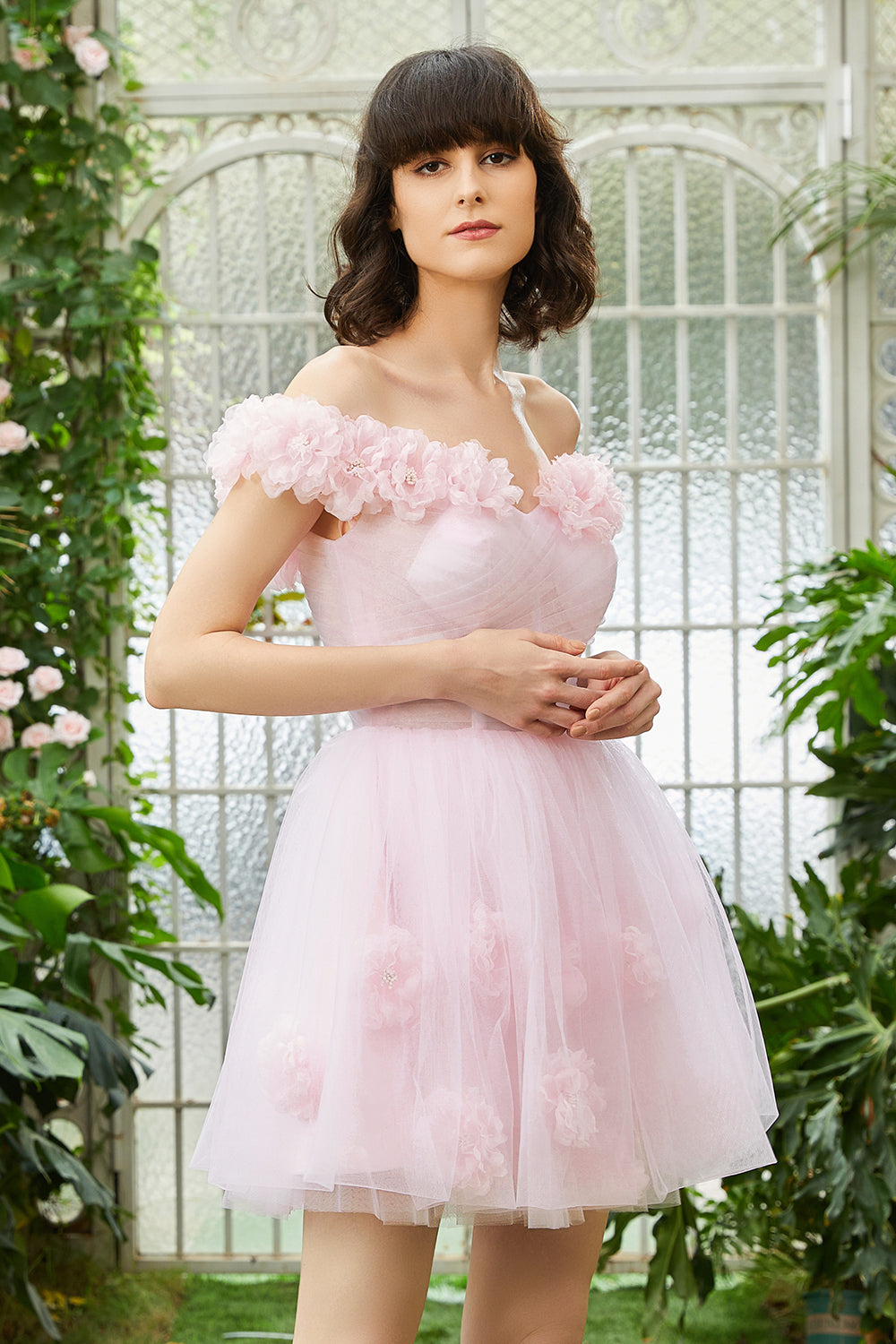 Rosa Fuera del Hombro Corsé Vestido de Cóctel