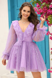 Vestido Corto de Cóctel Azul Marino Cuello en V Mangas Largas
