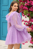 Vestido Corto de Cóctel Azul Marino Cuello en V Mangas Largas