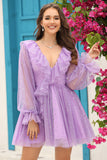 Vestido Corto de Cóctel Azul Marino Cuello en V Mangas Largas
