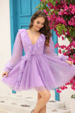Vestido Corto de Cóctel Azul Marino Cuello en V Mangas Largas