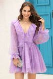 Vestido Corto de Cóctel Azul Marino Cuello en V Mangas Largas