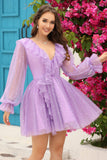 Vestido Corto de Cóctel Azul Marino Cuello en V Mangas Largas