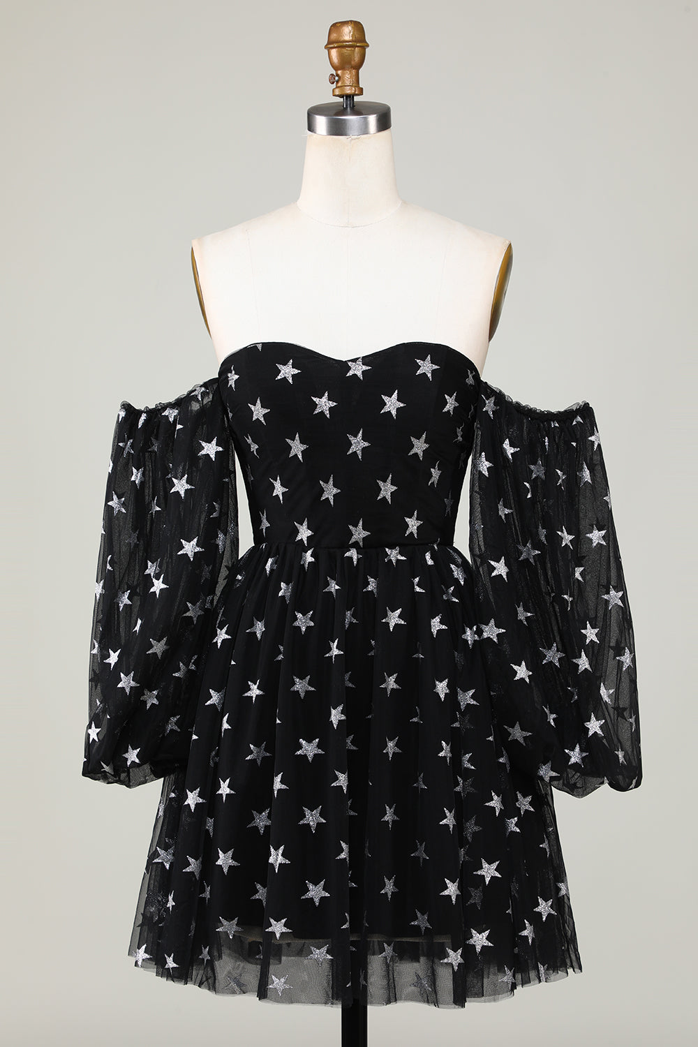 Una línea fuera del hombro Estrellas negras Vestido corto de bienvenida
