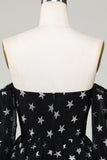 Una línea fuera del hombro Estrellas negras Vestido corto de bienvenida