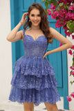 Azul Oscuro Vestido Corto de Cóctel Encaje