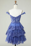 Lindo vestido corto de bienvenida con cordón azul oscuro con encaje