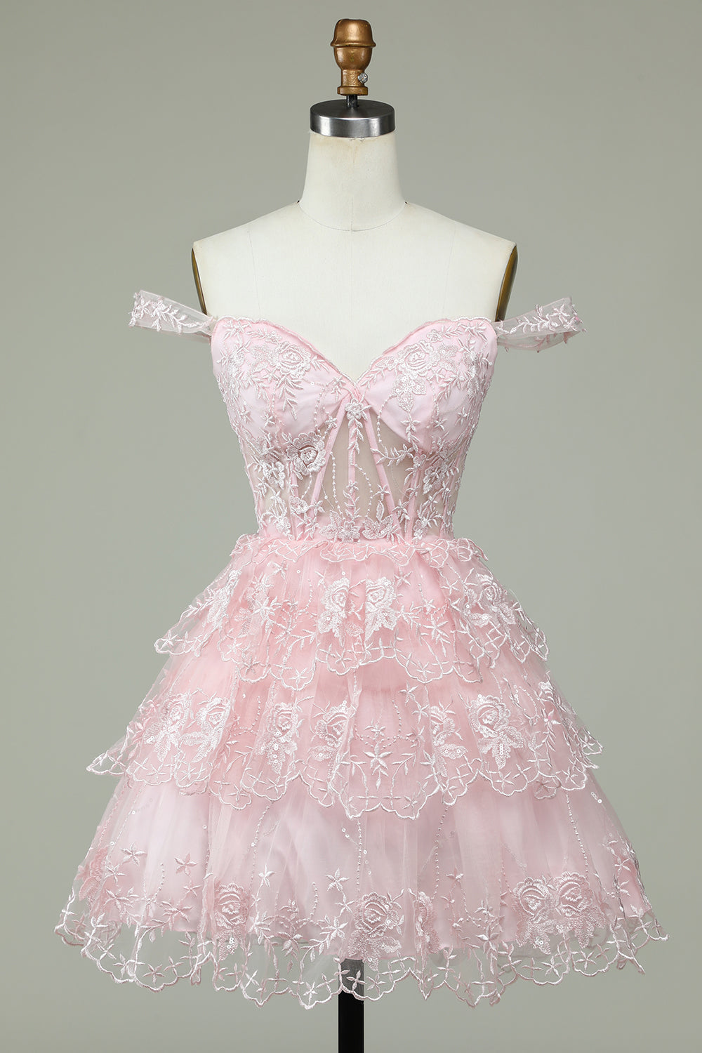 Vestido de Cóctel Rosa Encaje Fuera del Hombro