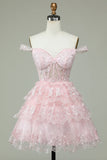 Vestido de Cóctel Rosa Encaje Fuera del Hombro