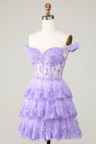 Princess A Line Purple Corsé Tiered Short Homecoming Dress con encaje