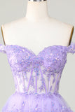 Princess A Line Purple Corsé Tiered Short Homecoming Dress con encaje