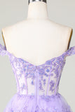 Princess A Line Purple Corsé Tiered Short Homecoming Dress con encaje
