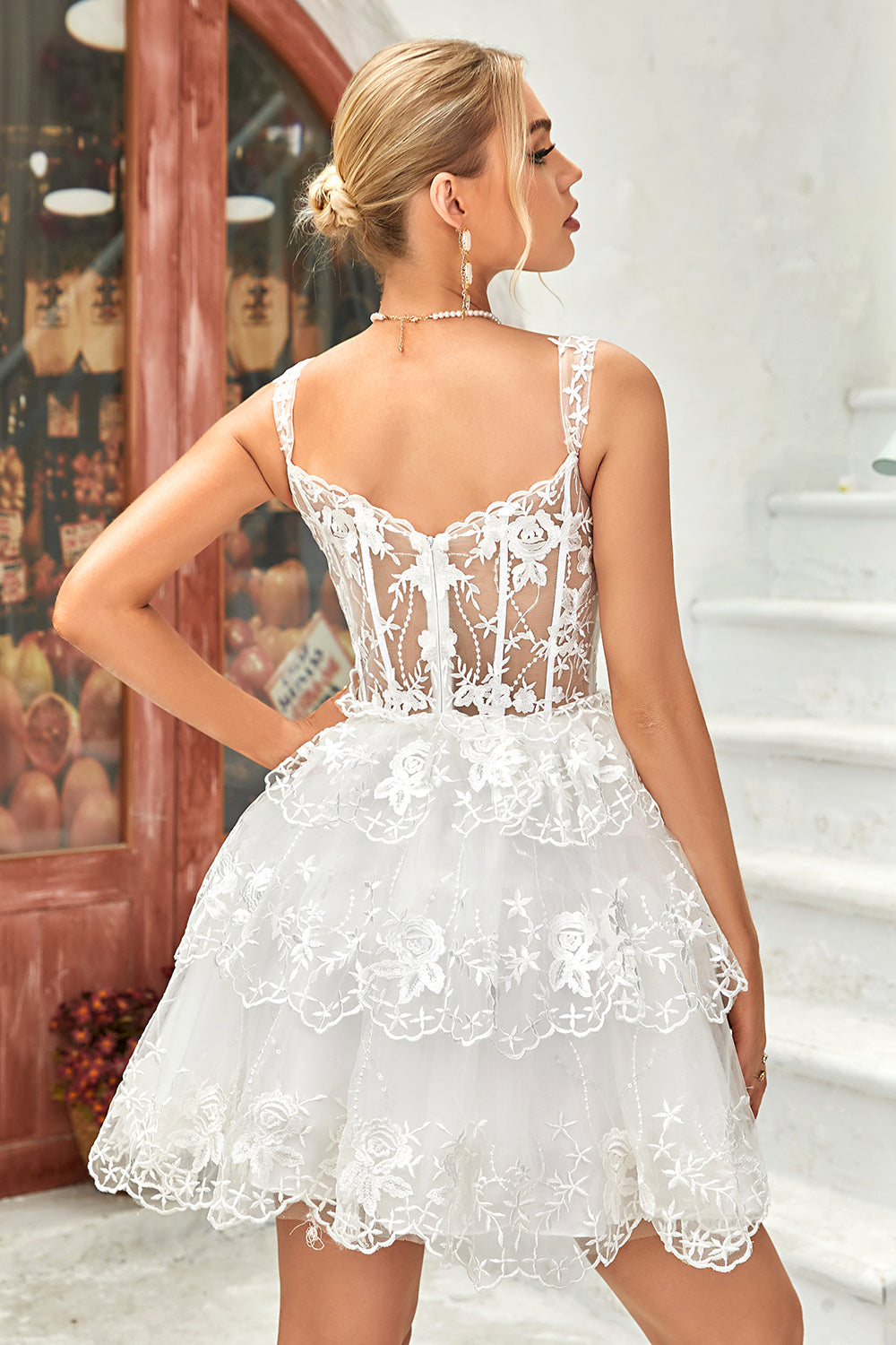 A Línea Blanco Vestido de Cóctel Con Encaje