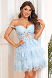 A Línea Fuera del Hombro Azul Vestido de Cóctel Encaje
