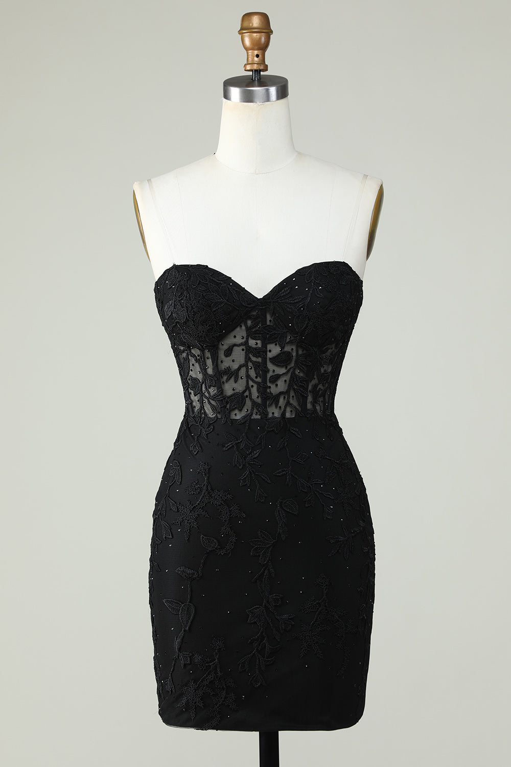 Bodycon Sweetheart Corsé negro Vestido corto de bienvenida con apliques