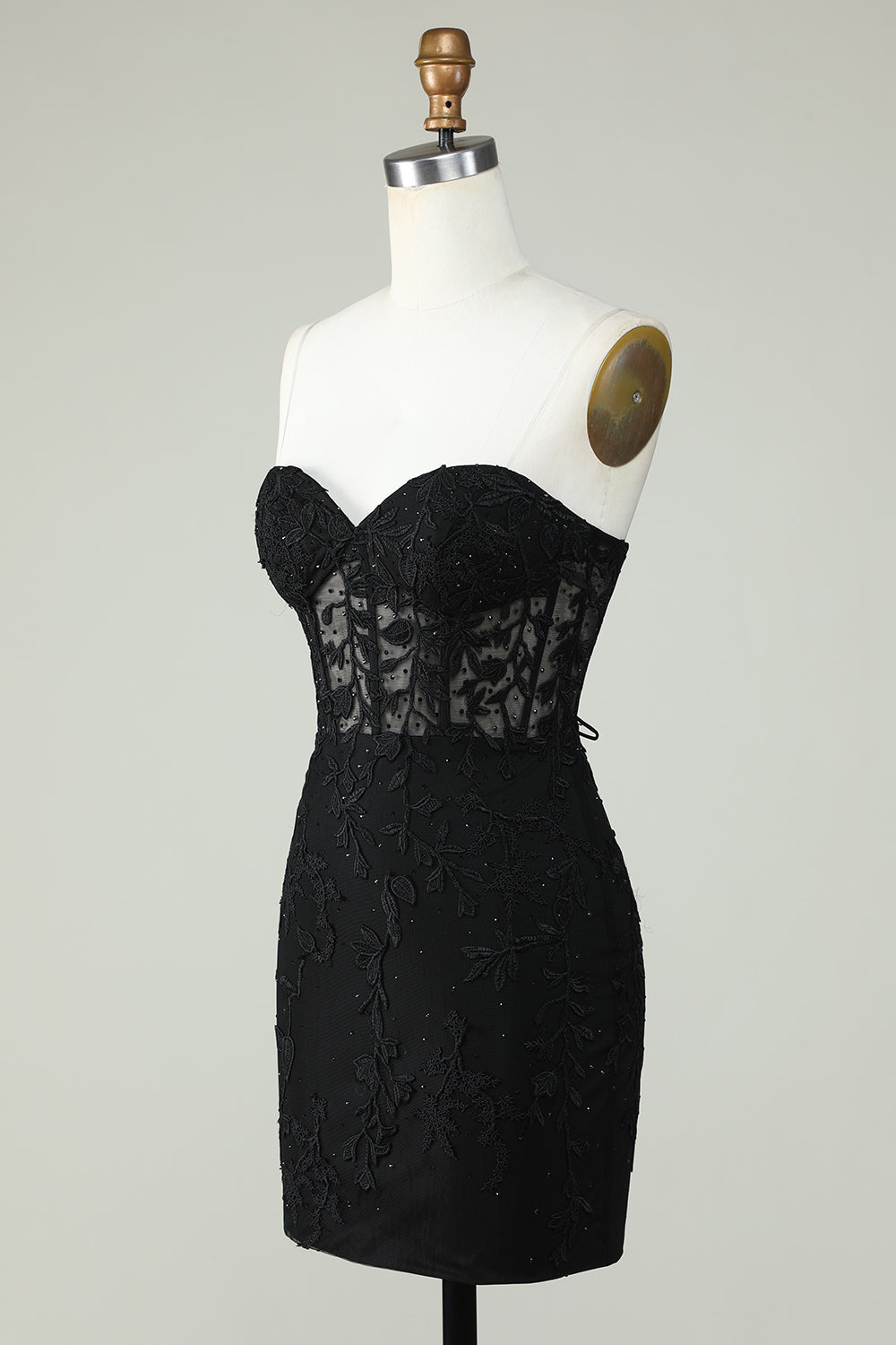 Bodycon Sweetheart Corsé negro Vestido corto de bienvenida con apliques