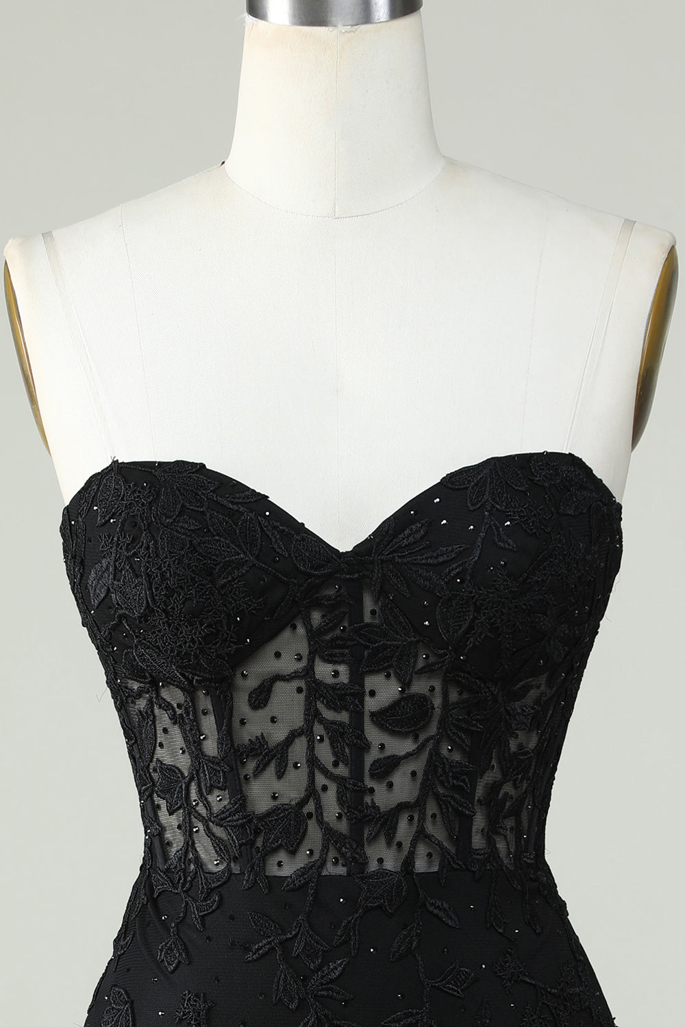 Bodycon Sweetheart Corsé negro Vestido corto de bienvenida con apliques