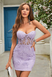 Bodycon Sweetheart Corsé negro Vestido corto de bienvenida con apliques