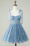 Lindo A Line Spaghetti Straps Grey Blue Short Homecoming Dress con apliques