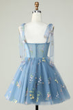 Lindo A Line Spaghetti Straps Grey Blue Short Homecoming Dress con apliques