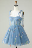 Lindo A Line Spaghetti Straps Grey Blue Short Homecoming Dress con apliques