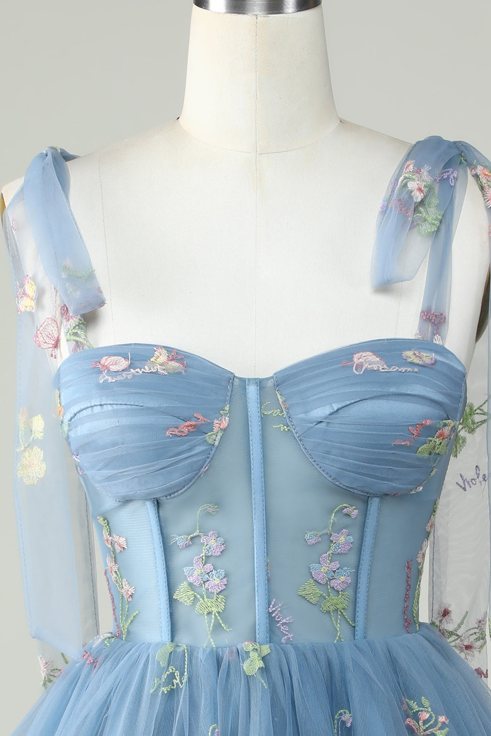 Lindo A Line Spaghetti Straps Grey Blue Short Homecoming Dress con apliques