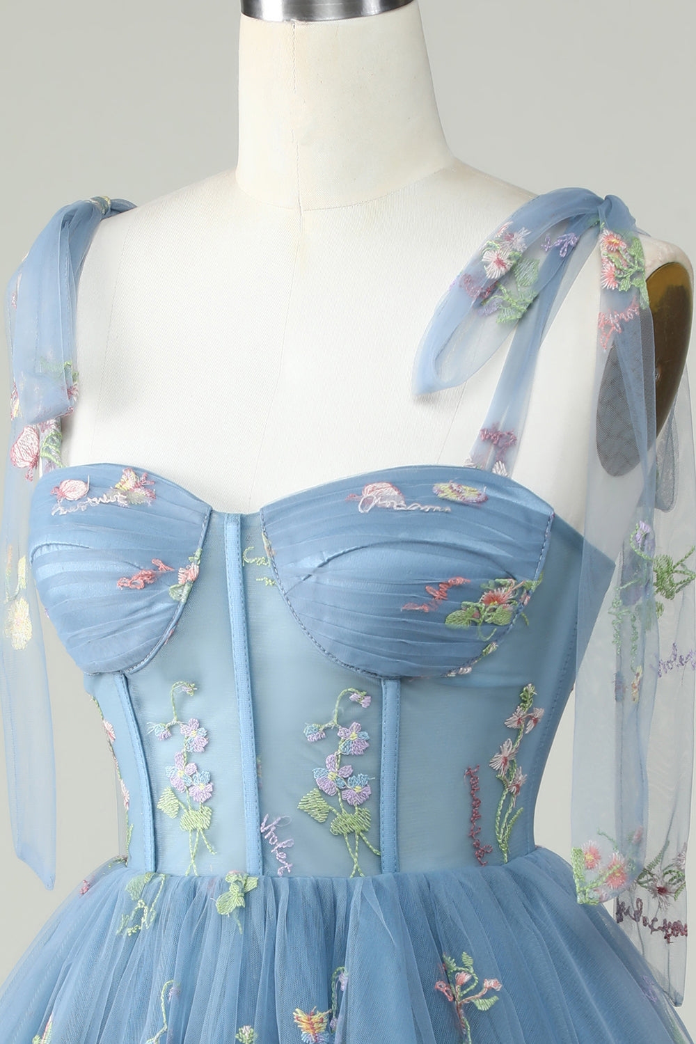 Lindo A Line Spaghetti Straps Grey Blue Short Homecoming Dress con apliques