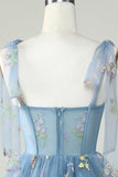Lindo A Line Spaghetti Straps Grey Blue Short Homecoming Dress con apliques