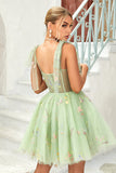 Lindo A Line Spaghetti Straps Grey Blue Short Homecoming Dress con apliques
