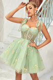 Lindo A Line Spaghetti Straps Grey Blue Short Homecoming Dress con apliques