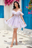 Lindo vestido de lavanda fuera del hombro Corsé de bienvenida con volantes