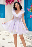 Lindo vestido de lavanda fuera del hombro Corsé de bienvenida con volantes