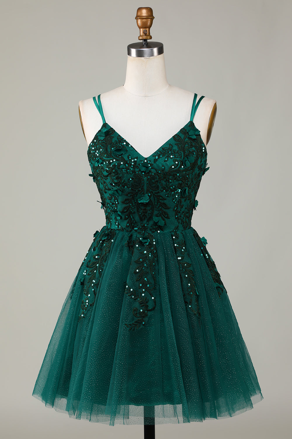 Elegante línea de espagueti correas verde oscuro vestido corto de bienvenida con apliques abalorios