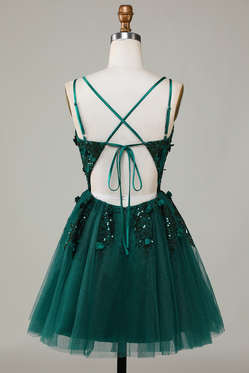 Elegante línea de espagueti correas verde oscuro vestido corto de bienvenida con apliques abalorios