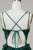 Elegante línea de espagueti correas verde oscuro vestido corto de bienvenida con apliques abalorios