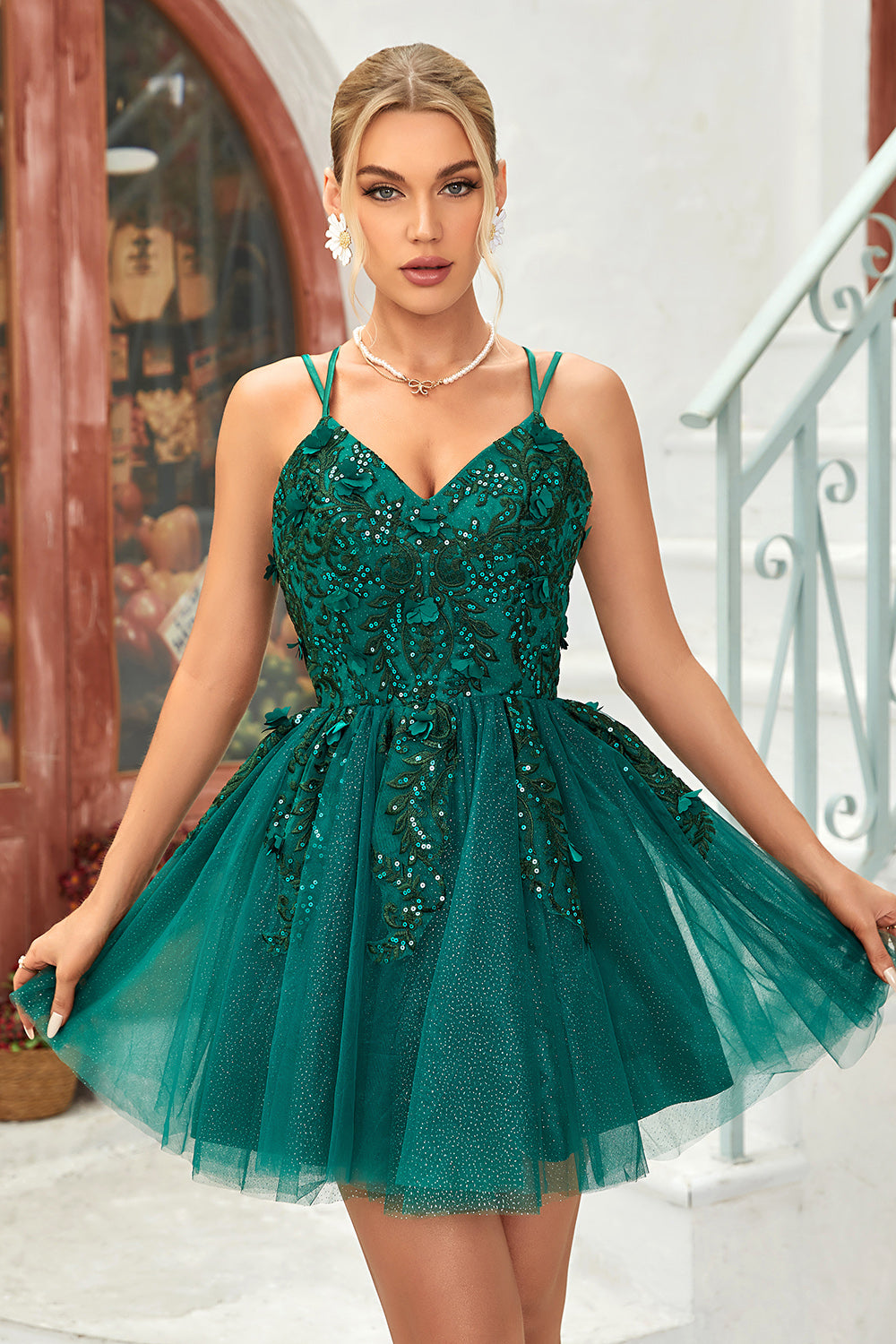A Línea Tirantes de Espagueti Verde Oscuro Vestido de Cóctel