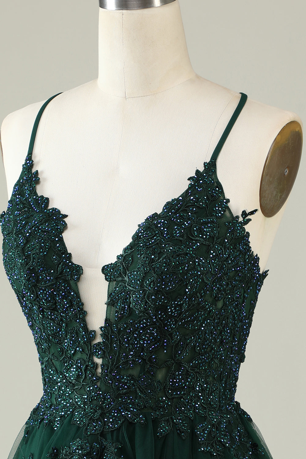 A Línea Correas de Espagueti Verde Oscuro Vestido de Cóctel