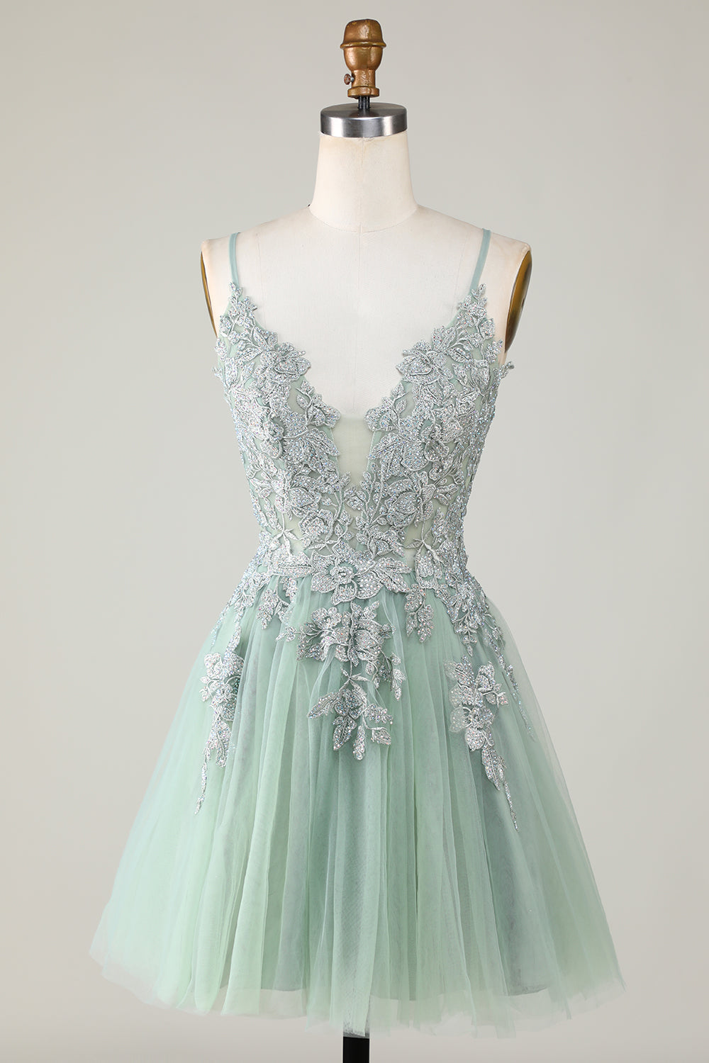 Línea A Tirantes de Espagueti Verde Vestido de Cóctel Con Apliques