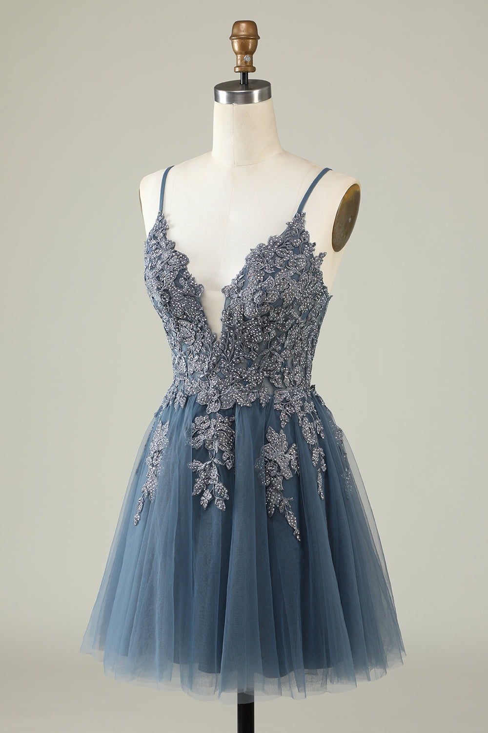 A Línea Correas de Espagueti Gris Azul Vestido de Cóctel