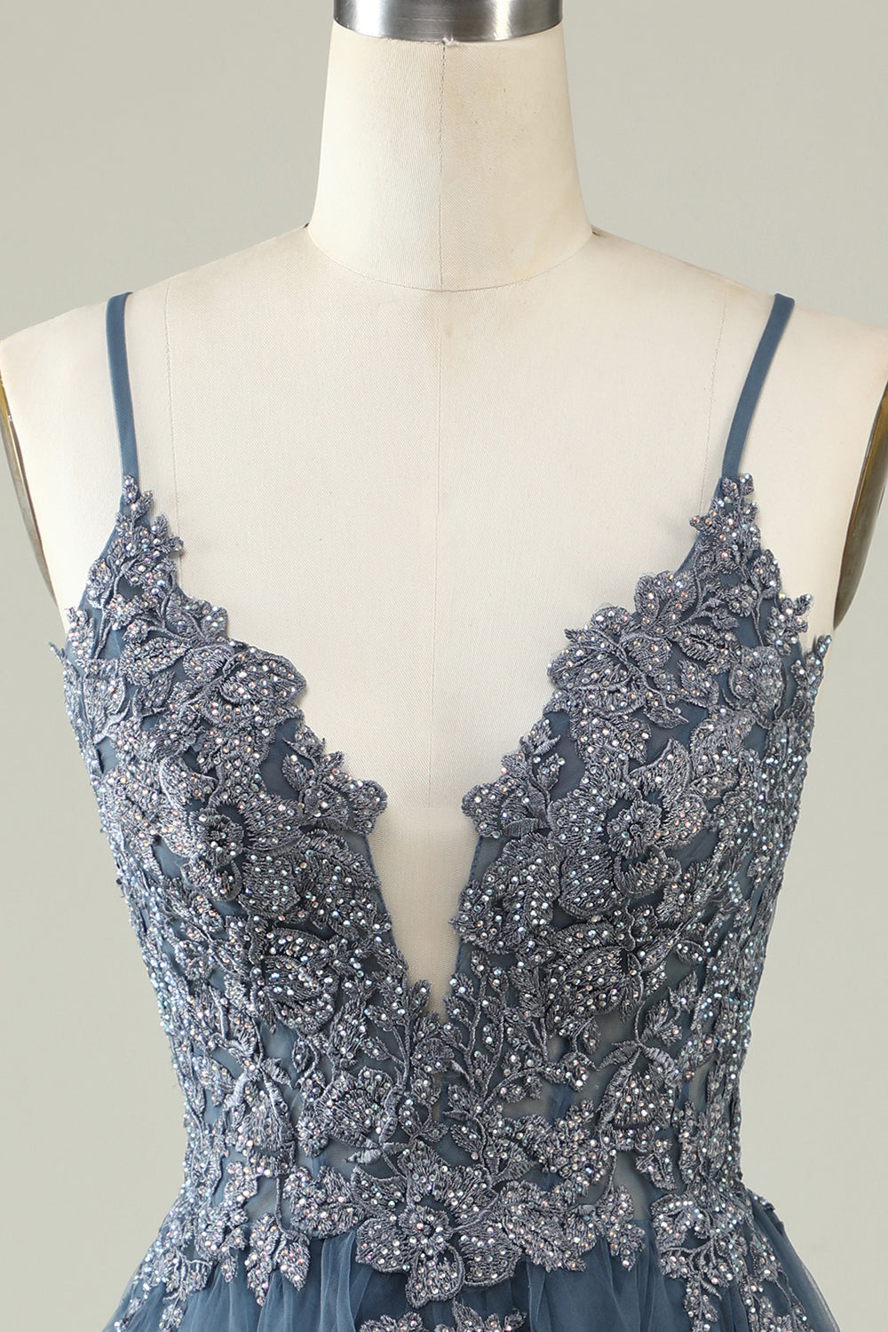 A Línea Correas de Espagueti Gris Azul Vestido de Cóctel
