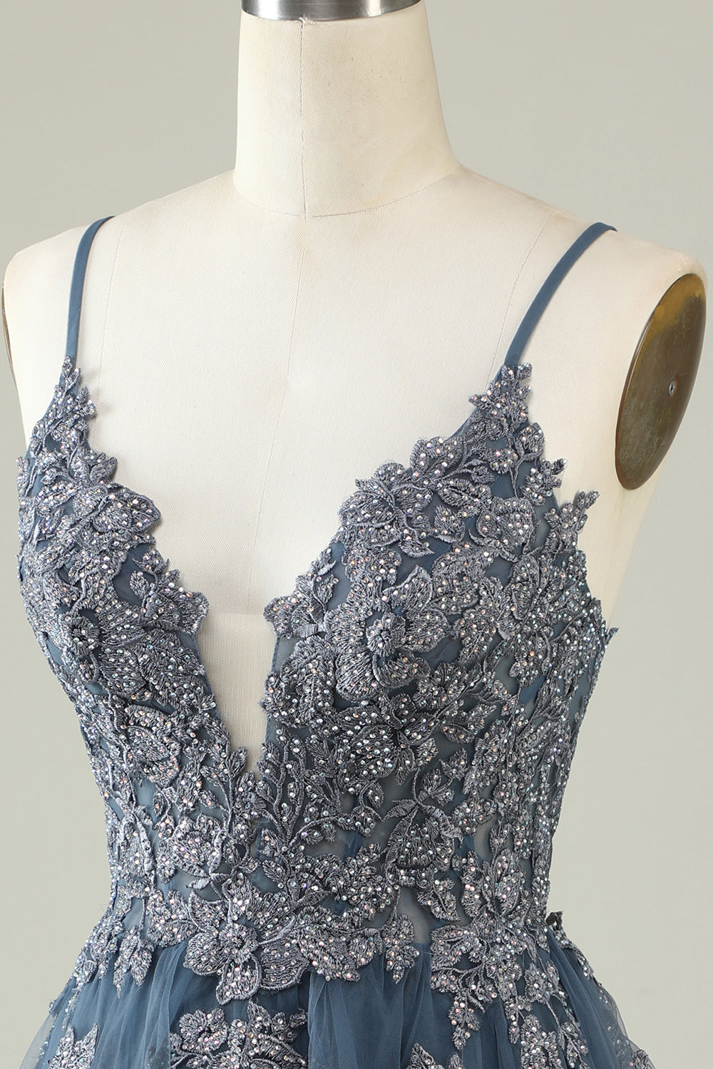 A Línea Correas de Espagueti Gris Azul Vestido de Cóctel