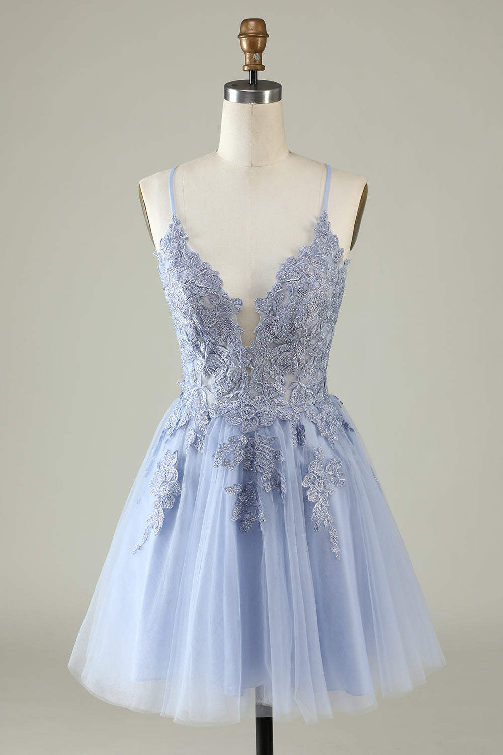 A Línea Correas de Espagueti Gris Azul Vestido de Cóctel