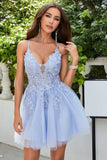 A Línea Tirantes de Espagueti Púrpura Claro Vestido Corto