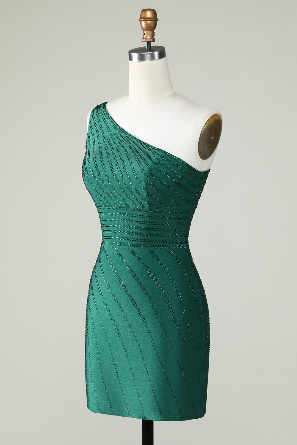 Vaina de un hombro verde oscuro Vestido corto de bienvenida con abalorios