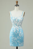 Tiratnes de Espagueti Azul Claro Vestido de Cóctel Con Apliques