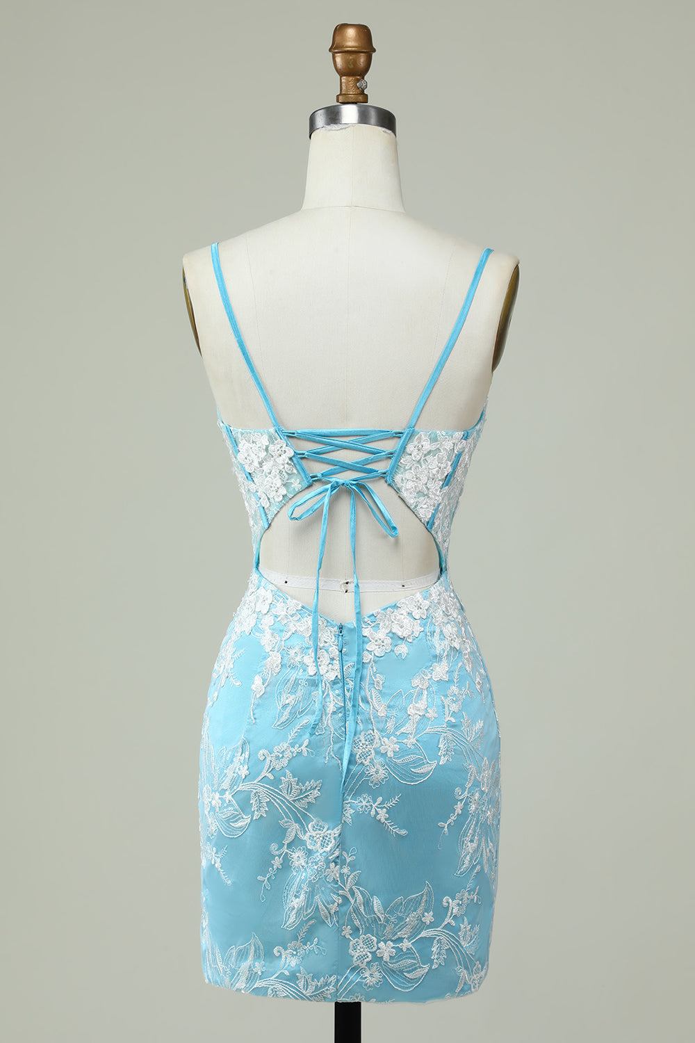 Tiratnes de Espagueti Azul Claro Vestido de Cóctel Con Apliques