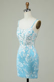Tiratnes de Espagueti Azul Claro Vestido de Cóctel Con Apliques