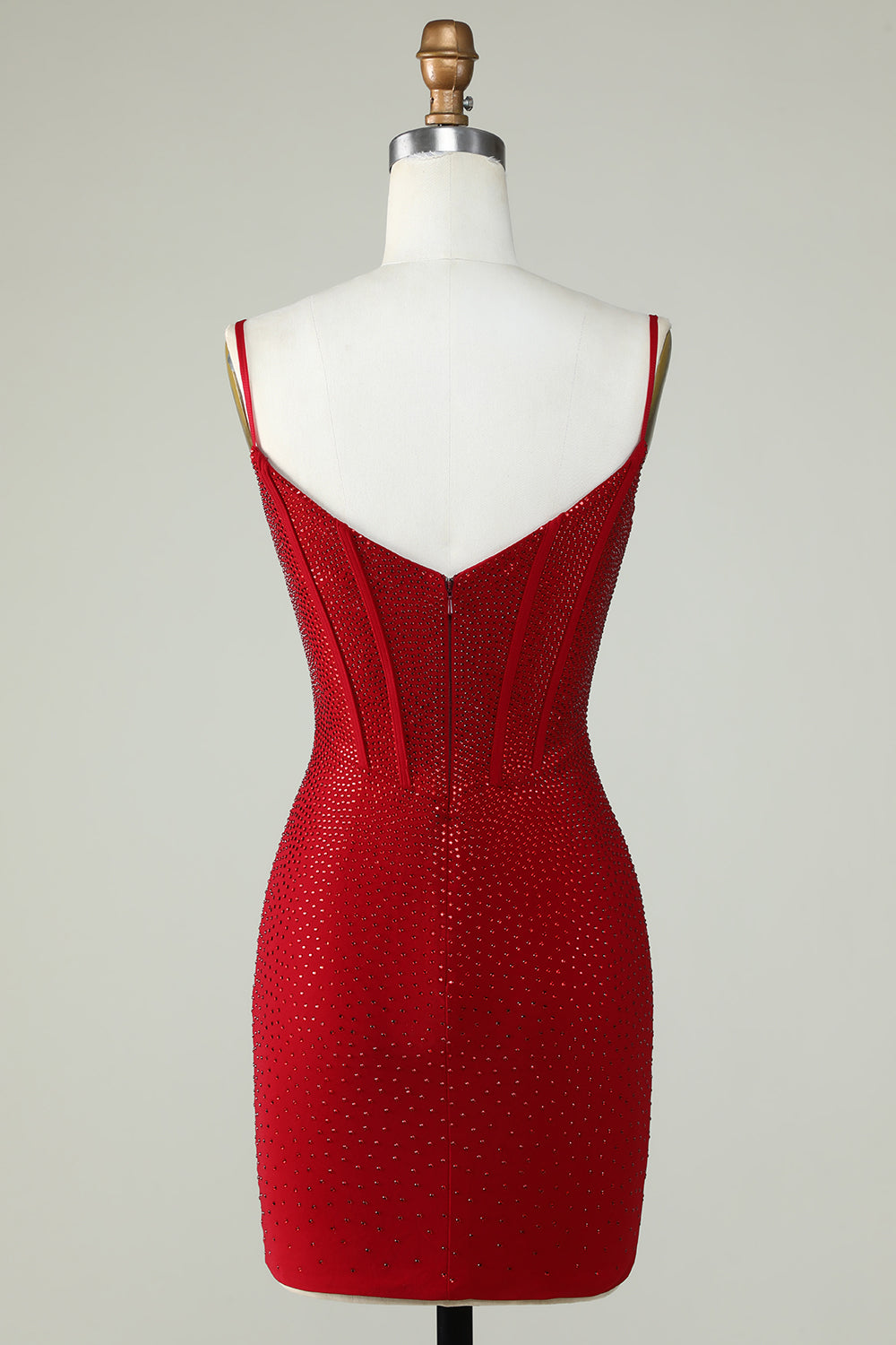 Vaina de espagueti correas rojas Vestido corto de bienvenida con abalorios